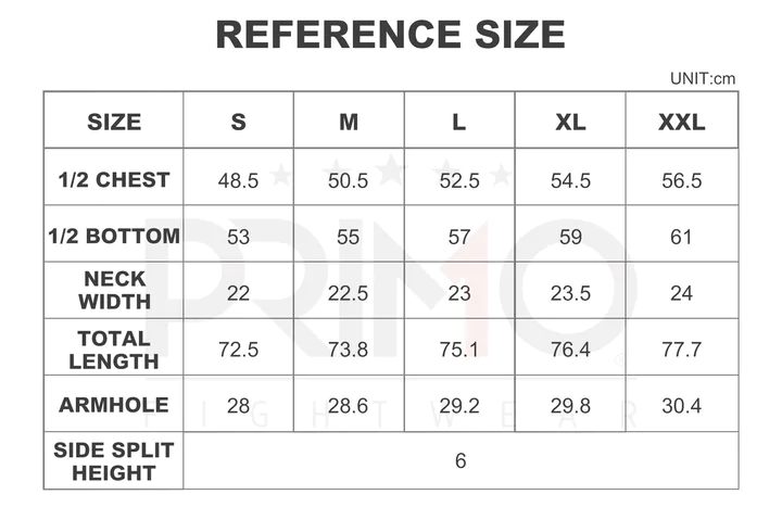 Primo Tank Top size chart