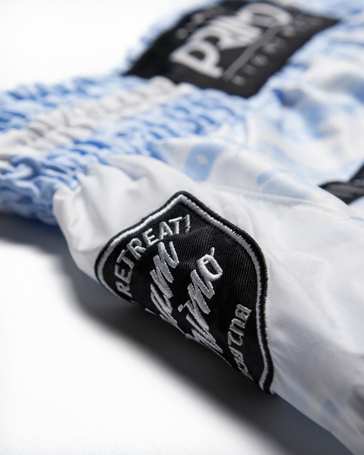 Muay Thai Shorts - Free Flow Series - Arctic Ghost - Primo Close up 