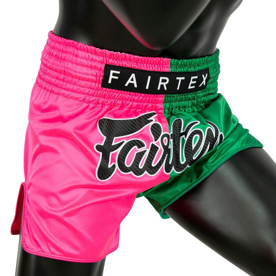 Muay Thai Shorts - Hot Pink and Green Slim Cut - Fairtex - BS1911 Side view