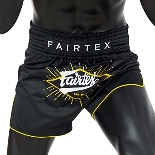 Muay Thai Shorts - Black With Yellow Accents Slim Cut - Fairtex - BS1903 Front Fit View