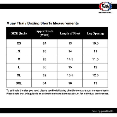 Size chart Fairtex Muay Thai shorts